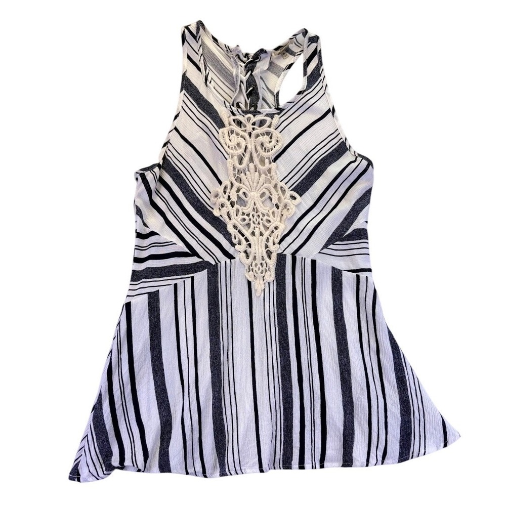 Gimmicks by BKE Women M Striped Lace Applique Racerback Tank Top Lace Up Back